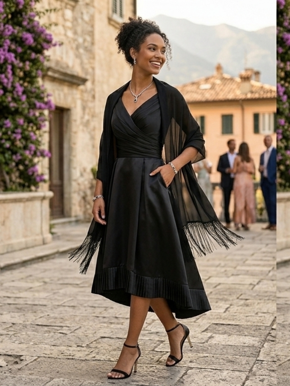 Alfred Sung Black Satin Faux-Wrap Cocktail Dress with Matching Fringed Shawl